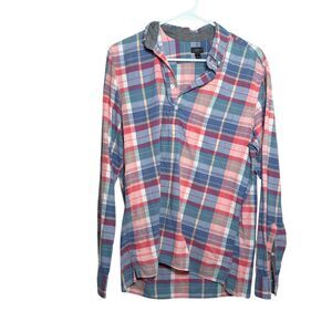 J Crew Blouse Women's Medium Plaid V-Neck Popover Long Sleeve Shirt Top
